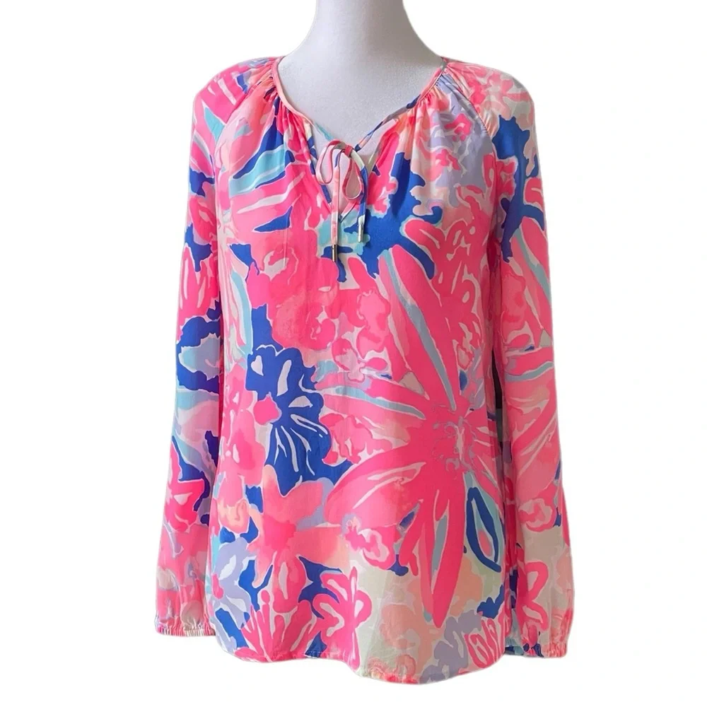 Lilly Pulitzer Playa Hermosa Willa Top Neon Pink Blues White Sz XS Long Sleeves - Picture 13 of 14